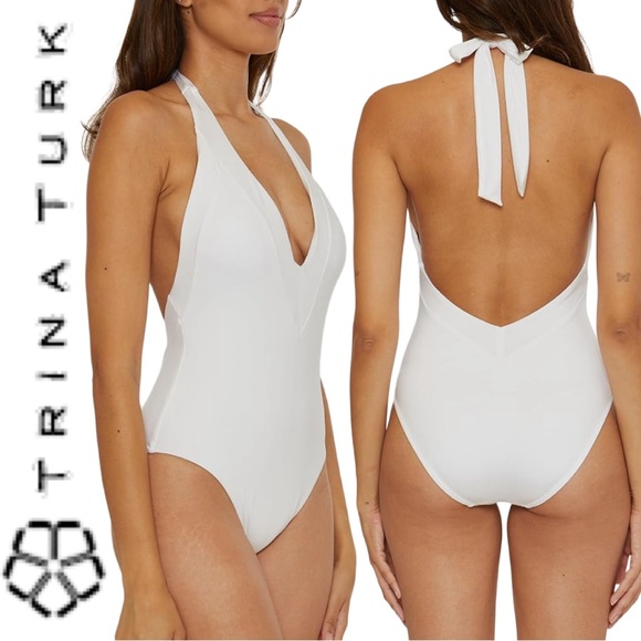 NWOT TRINA TURK Monaco Halter Plunge One Piece Swimsuit Sz 12 (fits 10) $172 - Picture 14 of 15